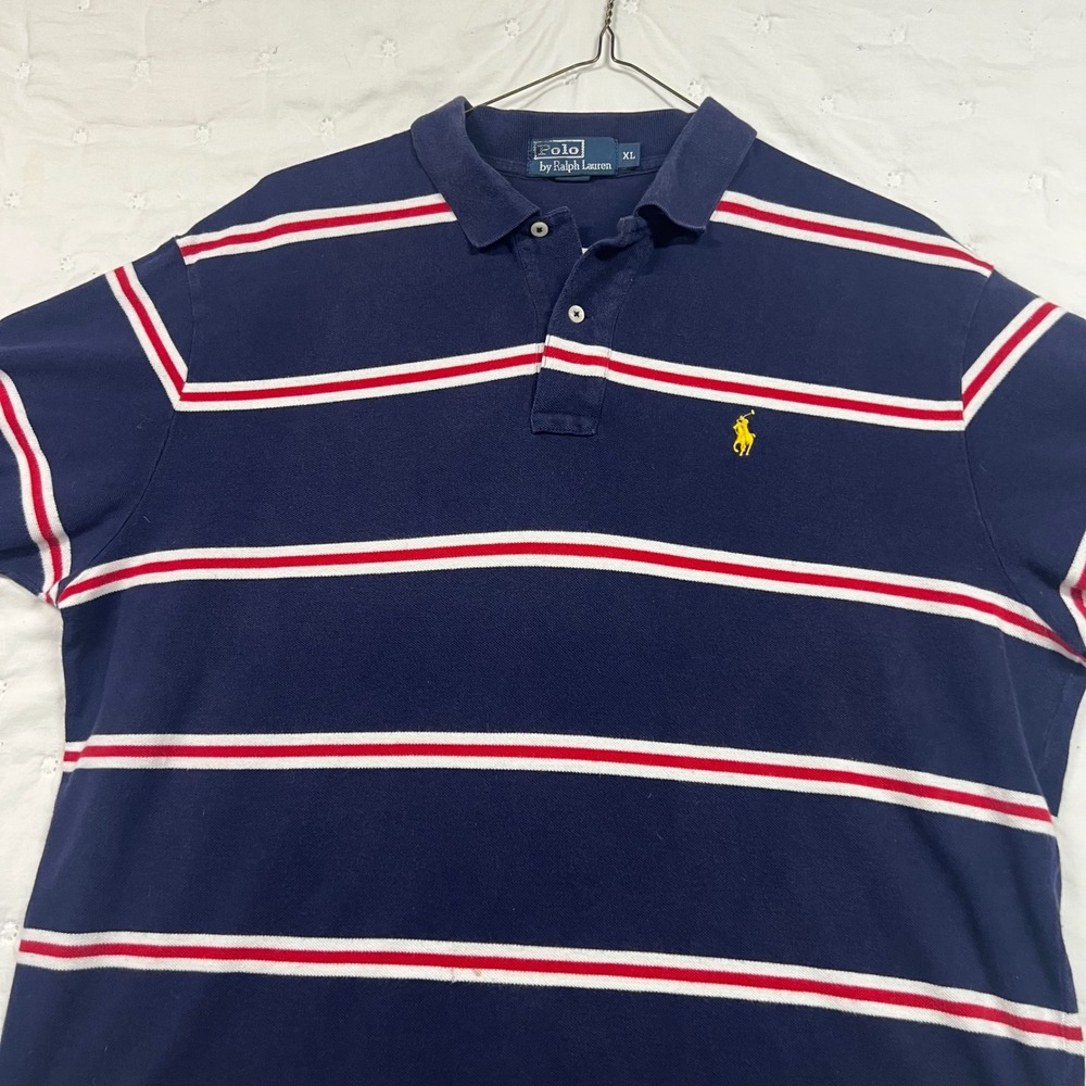 Polo Ralph Lauren Mens XL Navy Red White Striped Short Sleeve Pique Polo Shirt - Picture 3 of 9
